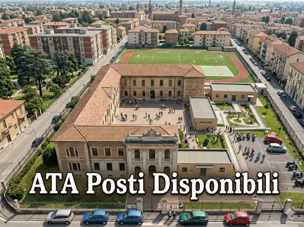 Scuola vista dall'alto. In primo piano la scritta: "ATA Posti disponibili"