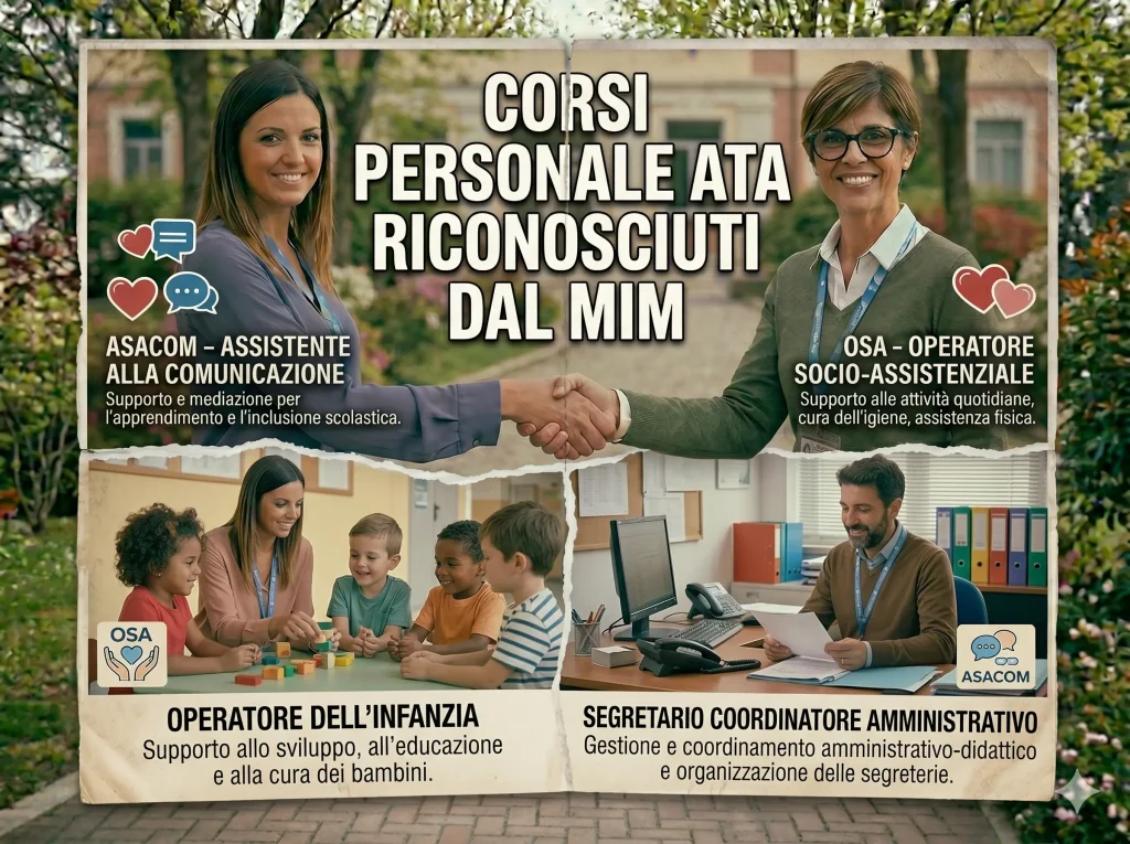Immagine divisa in 3 parti, con Personale ATA impegnato nelle attività dei corsi OSA, ASACOM, OPI e Segretario Coordinatore Amministrativo. In primo piano la scritta: Corsi Personale ATA riconosciuti dal MIM
