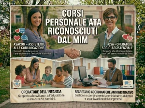 Immagine divisa in 3 parti, con Personale ATA impegnato nelle attività dei corsi OSA, ASACOM, OPI e Segretario Coordinatore Amministrativo. In primo piano la scritta: Corsi Personale ATA riconosciuti dal MIM