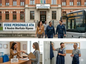 Immagine divisa in tre parti con la scritta "Ferie Personale ATA", e diverse figure ATA al lavoro