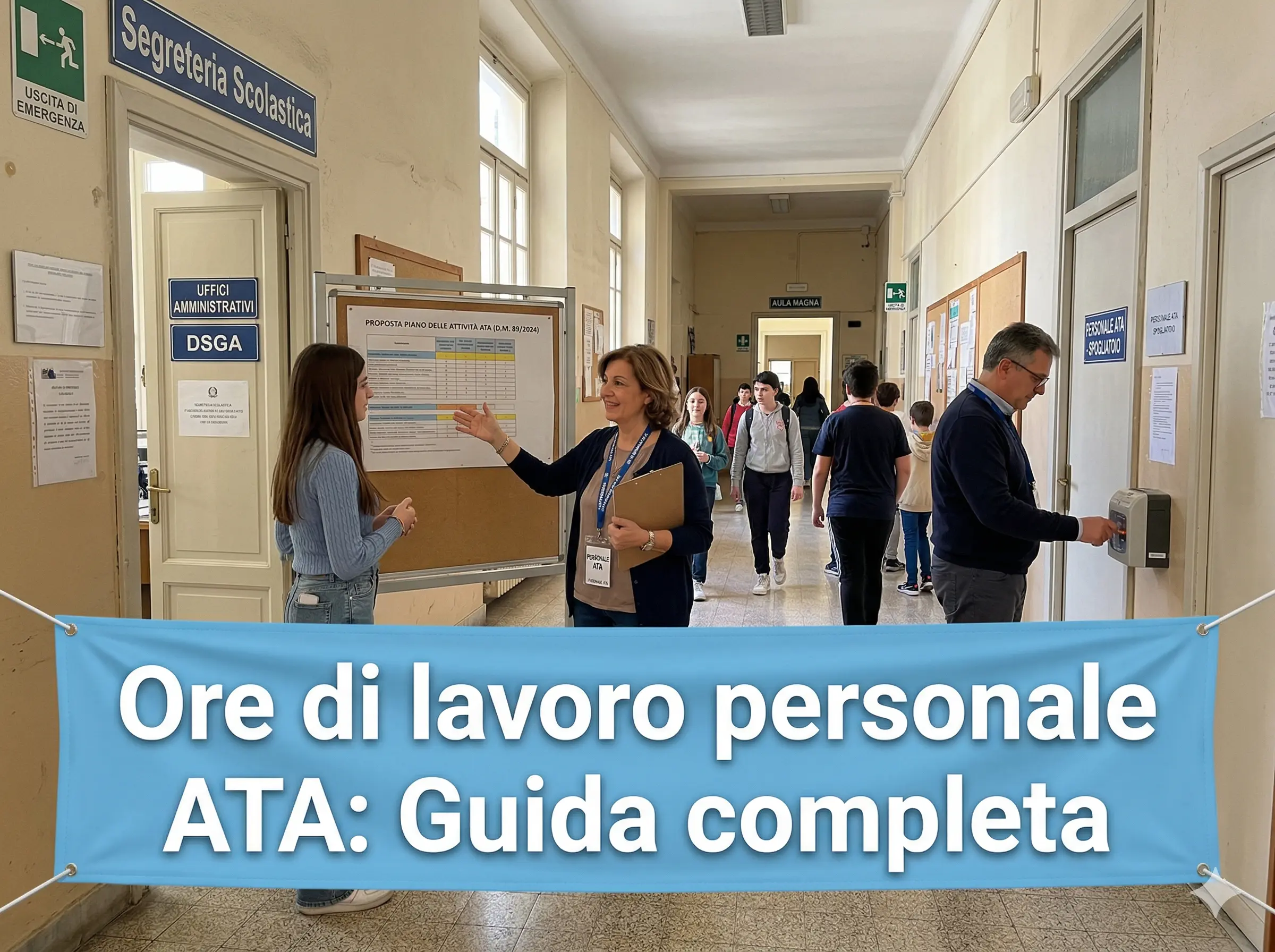 Docenti e personale ATA in un corridoio scolastico. In primo piano la scritta "Ore di lavoro personale ATA: Guida completa"