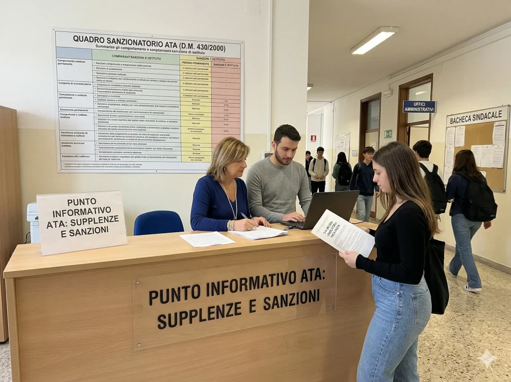 Abbandonare una supplenza Personale ATA:  un punto informativo ATA in una scuola.