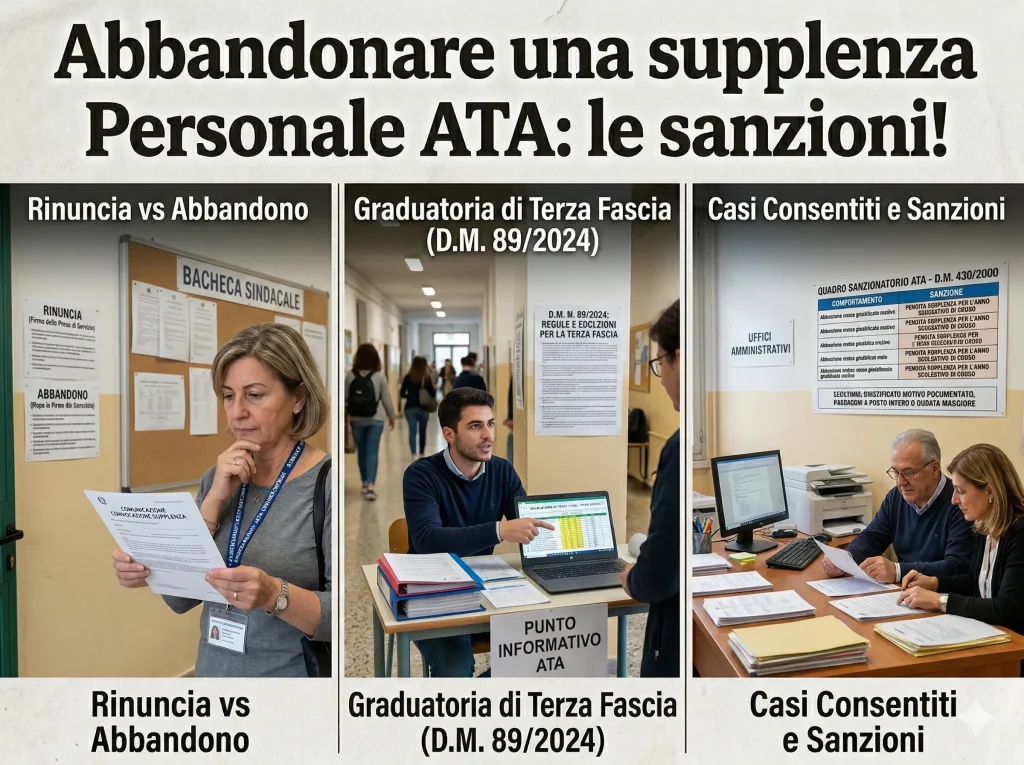 Immagine divisa in tre parti, con diverse situazioni di abbandono del servizio. In primo piano la scritta: "Abbandonare una supplenza Personale ATA: le sanzioni"