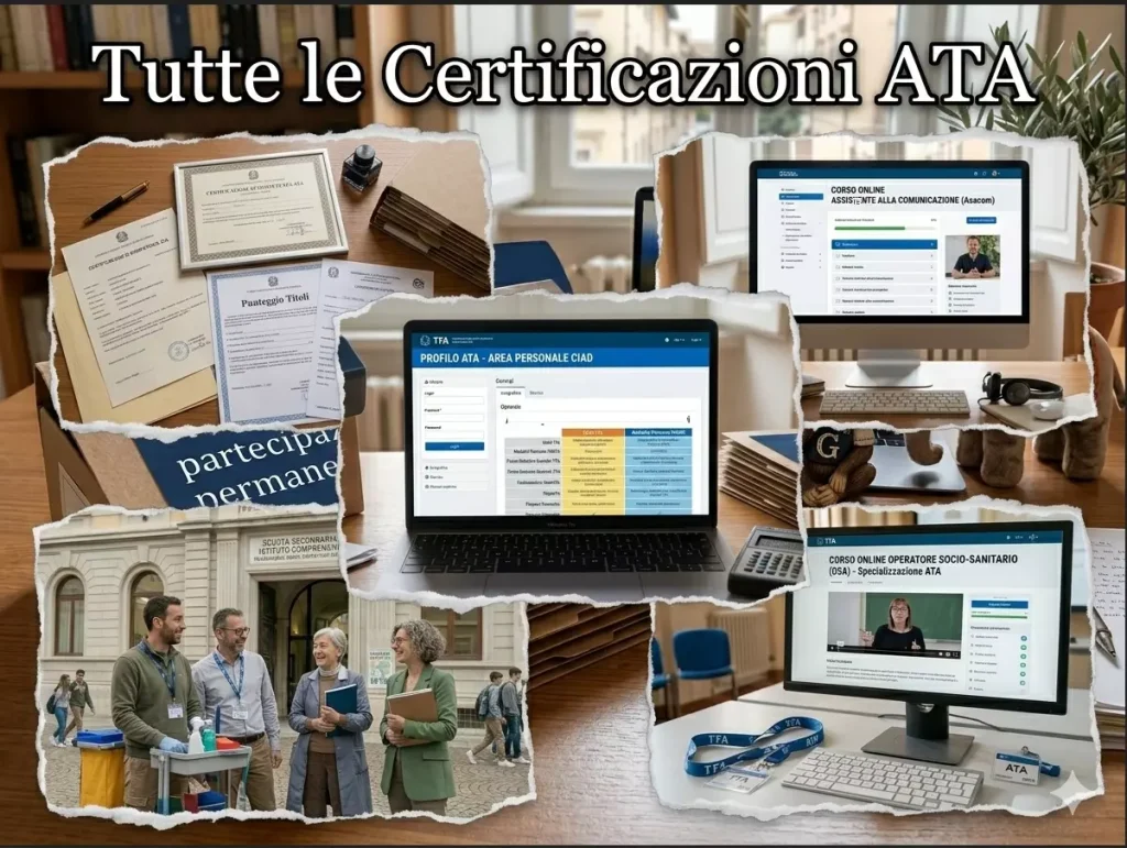 Immagine divisa in 5 parti con 4 monitor pc (profilo ATA; Asacom; OSA; certificazioni) e alcuni ATA. IN primo piano la scritta "Tutte le Certificazioni ATA"