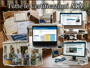 Immagine divisa in 5 parti con 4 monitor pc (profilo ATA; Asacom; OSA; certificazioni) e alcuni ATA. IN primo piano la scritta "Tutte le Certificazioni ATA"