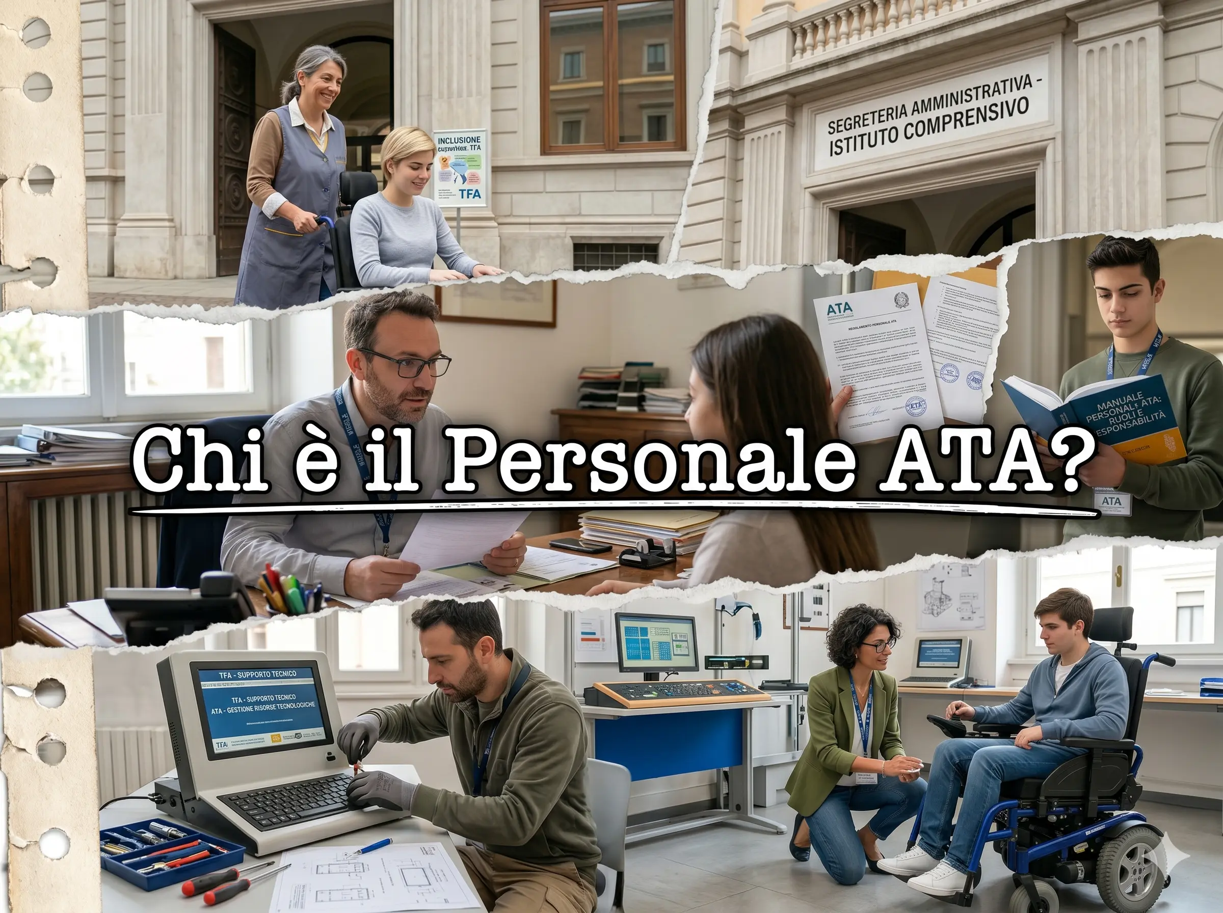 Immagine divisa in tre parti con diverse figure ATA al lavoro. Al centro la scritta "Chi è il Personale ATA?"