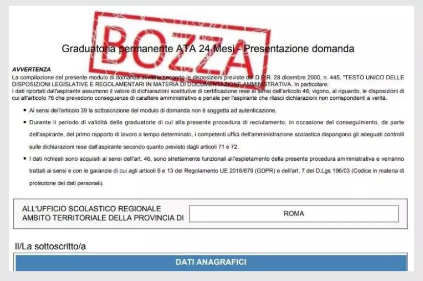 Come compilare la domanda d'iscrizione ATA 24 mesi: un'immagine tratta dalla Guida del Mim