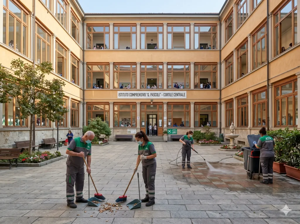 Come diventare personale ATA: Collaboratori scolastici al lavoro nel cortile della scuola