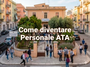 L'ingresso di una scuola. In primo piano la scritta: "Come diventare personale ATA"