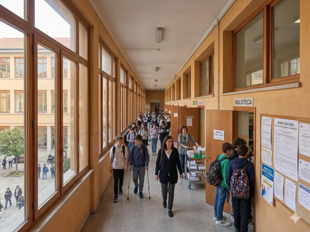 Come diventare personale ATA: corridoio scolastico con docenti e alunni