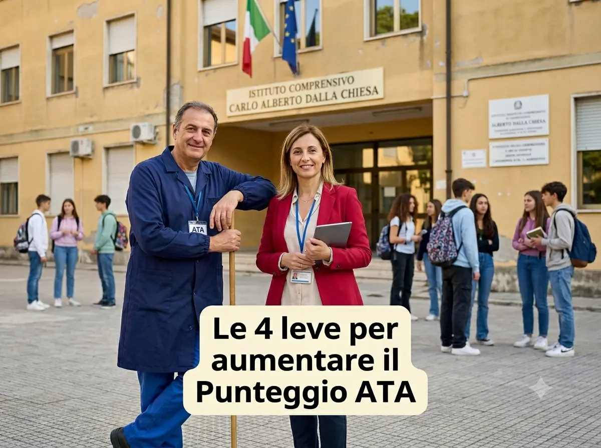 Come Aumentare il Punteggio in Graduatoria ATA: un Collaboratore scolastico e un Assistente amministrativo davanti ad una scuola. In primo piano la scritta "Le 4 leve per aumentare il Punteggio ATA"