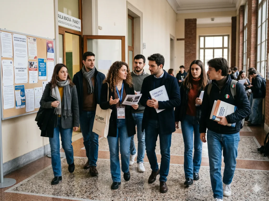 Come diventare insegnante nel 2026: aspiranti docenti nel corridoio dell'università