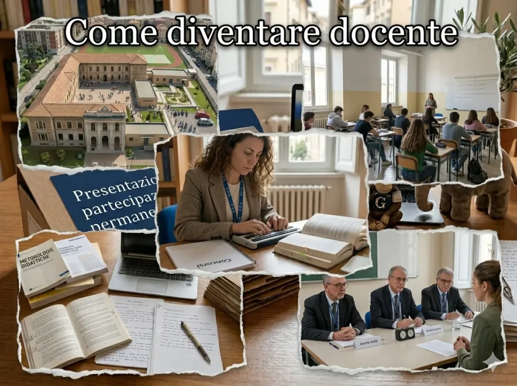 Come diventare insegnante nel 2026: un'aspirante docente che studia per il concorso al centro. Intorno una scuola, libri, una classe e lo svolgimento della prova orale. In primo piano la scritta: Come diventare docente
