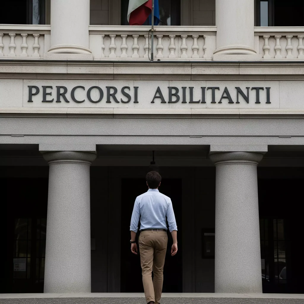 aspirannte docente davanti ad un edificio con la scritta Percorsi abilitanti