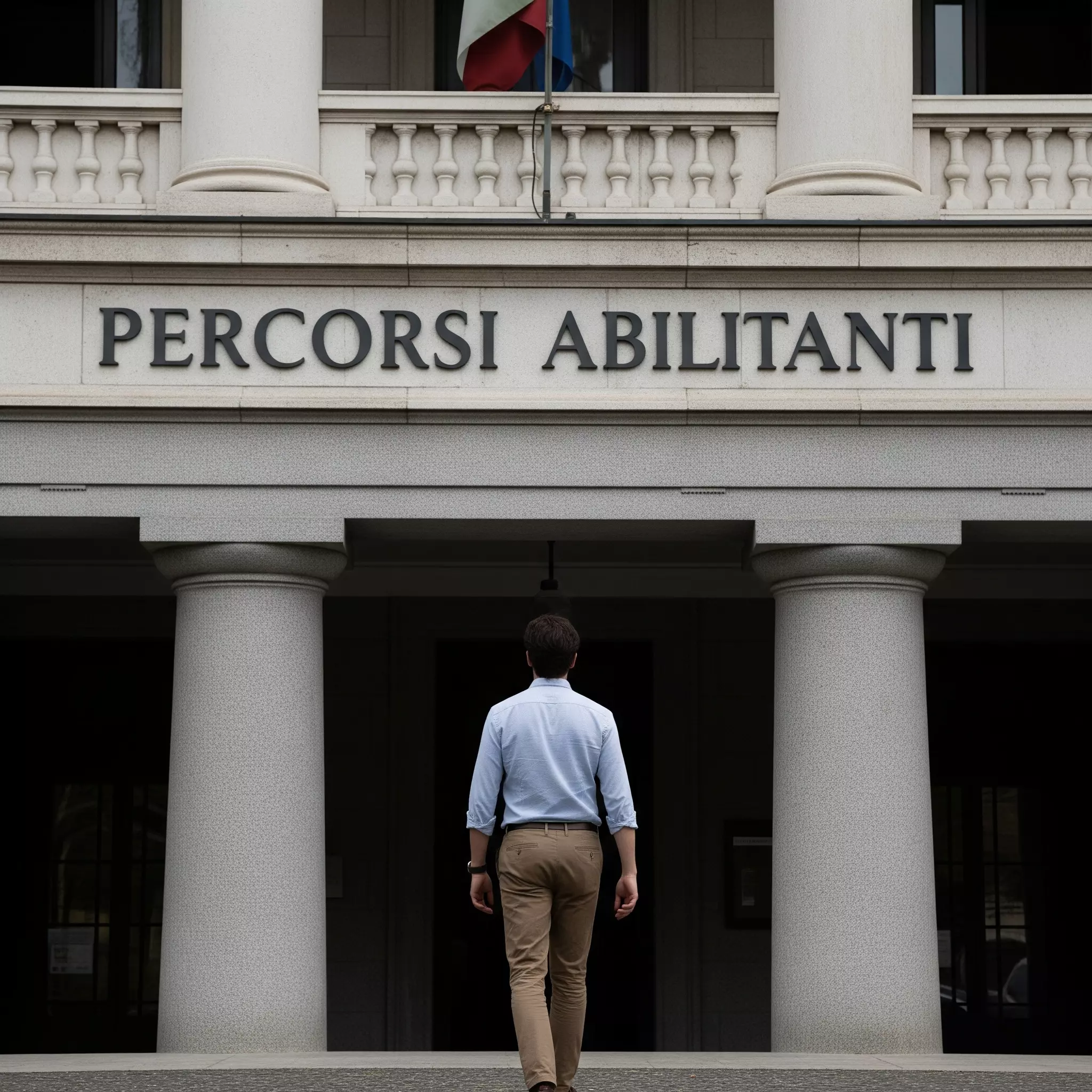 aspirannte docente davanti ad un edificio con la scritta Percorsi abilitanti