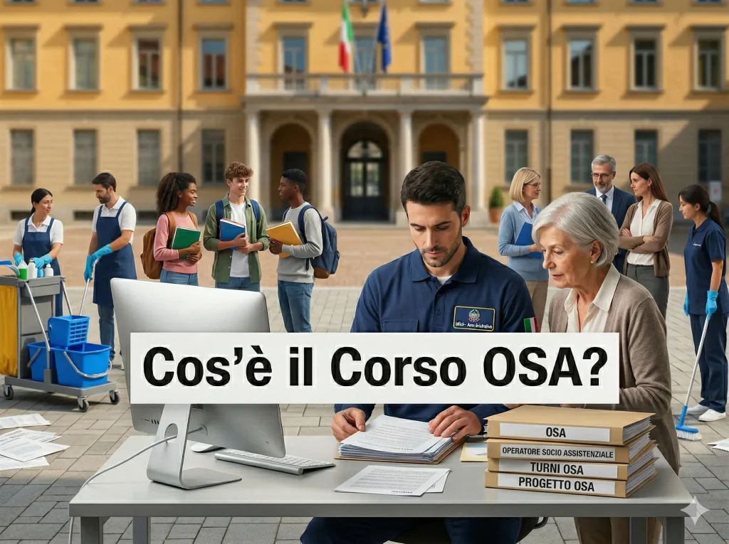 Diverse figure del mondo scolastico davanti ad una scuola. In primo piano due OSA ad una scrivania e la scritta "Cos'è il Corso OSA?"