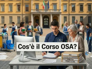 Diverse figure del mondo scolastico davanti ad una scuola. In primo piano due OSA ad una scrivania e la scritta "Cos'è il Corso OSA?"