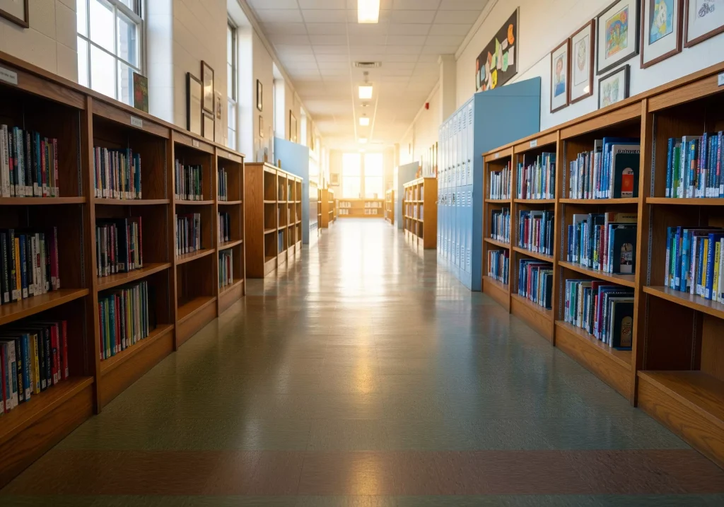 Operatore Socio Assistenziale (OSA): corridoio di una scuola con librerie sui lati