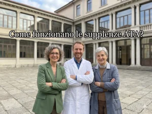 Un segretario, un Colaboratore scolastico e un assistente tecnico davanti ad una scuola. In primo piano la scritta: Come funzionano le Supplenze ATA?