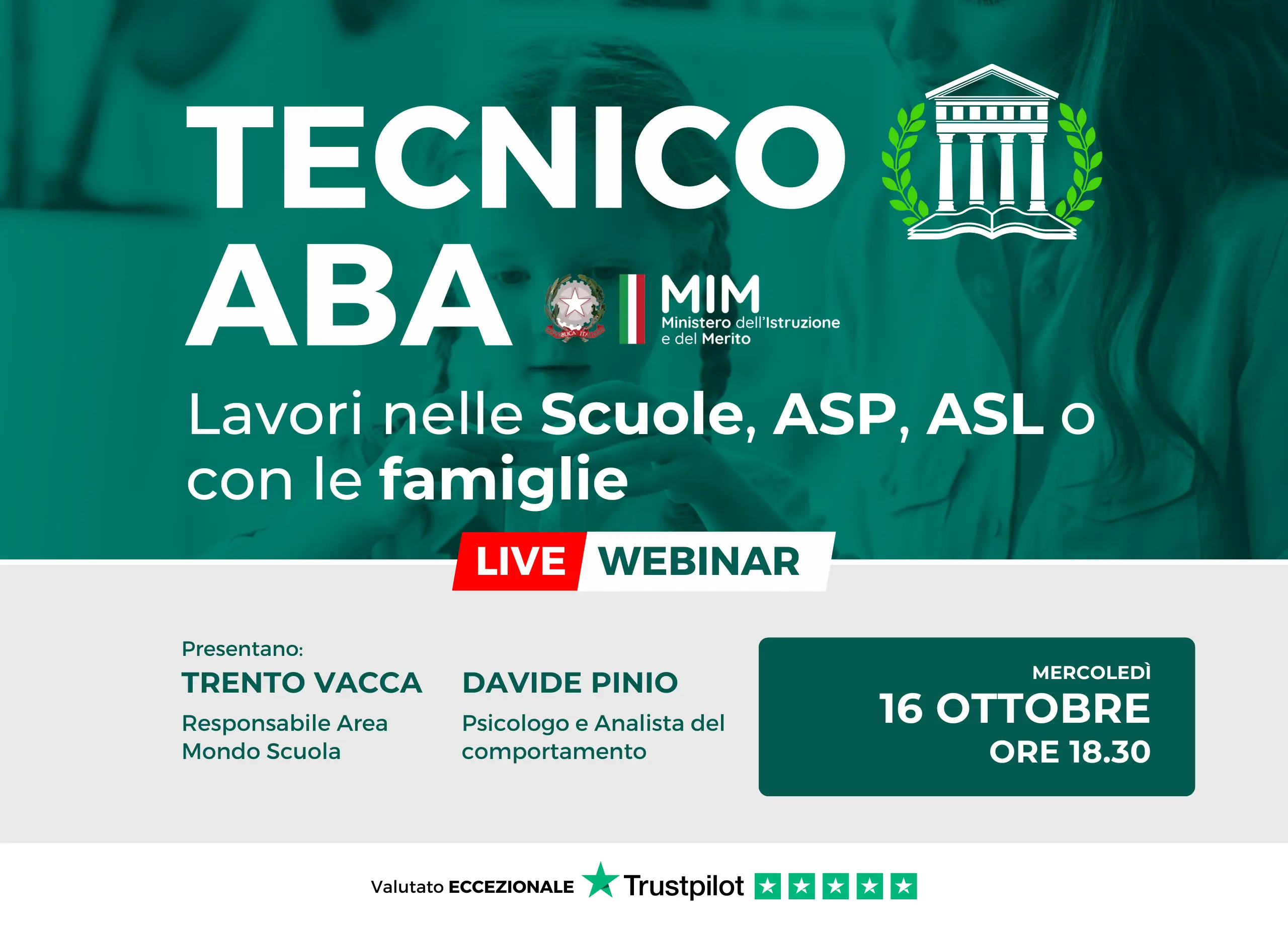 Locandina del webinar su Tecnico ABA, presentato dal Dott. Trento Vacca, Specialista in Normativa Scolastica, in data mercoledì 16 ottobre alle ore 18.30