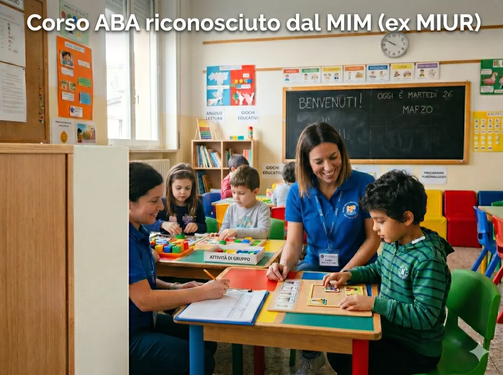 Corso ABA riconosciuto dal Miur: tecnico ABA al lavoro in una classe con alcuni alunni. In primo piano la scritta "Corso ABA riconosciuto dal MIM (ex MIUR)"