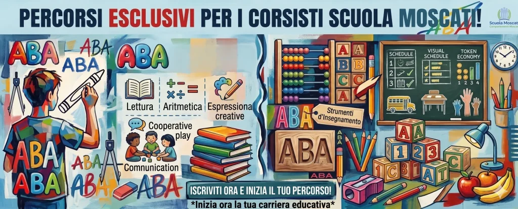 Corso ABA riconosciuto dal Miur: immagine con vari elementi che richiamano il mondo scolastico e diverse scritte ABA di varie forme e colori