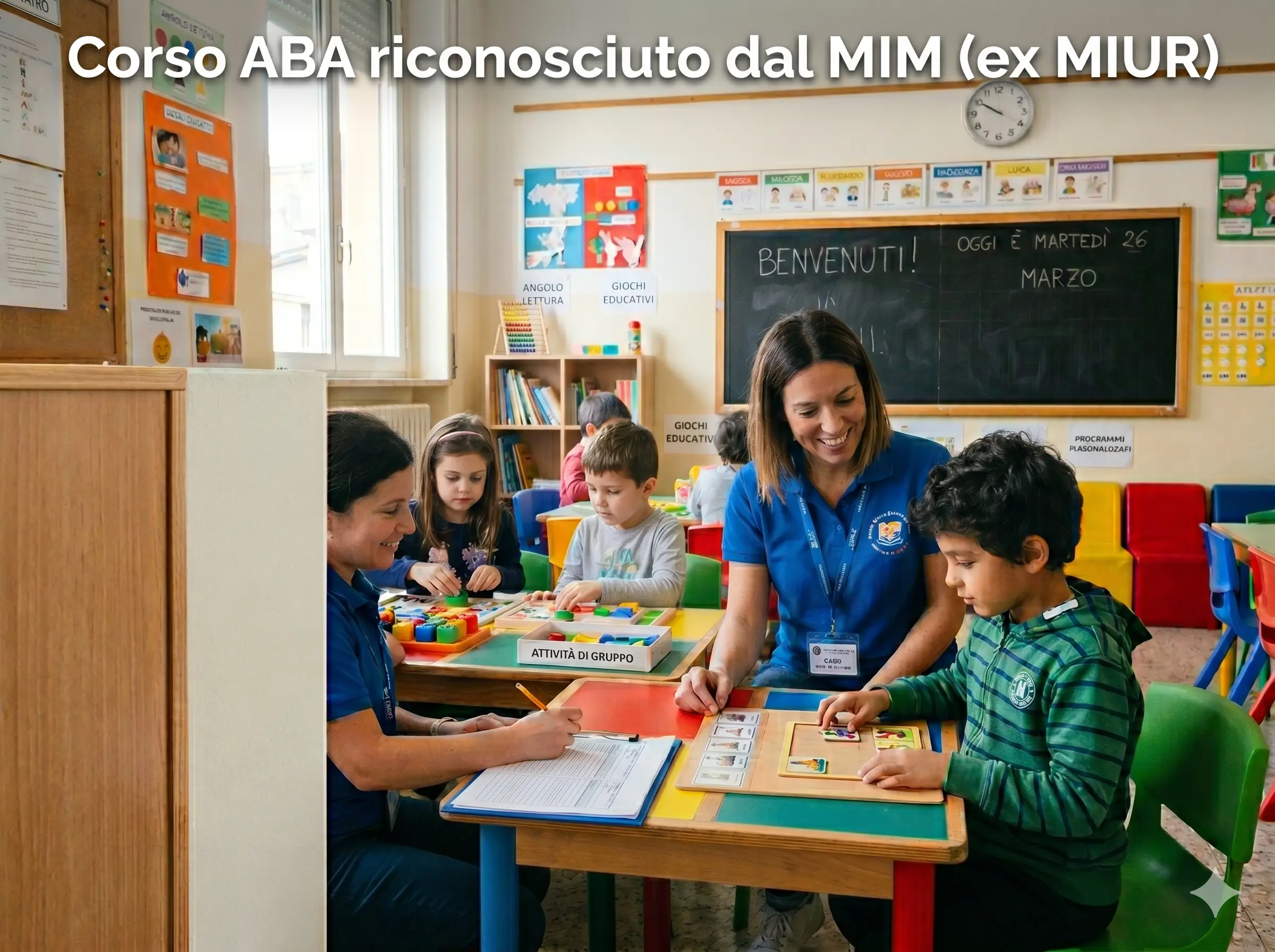 Corso ABA riconosciuto dal Miur: tecnico ABA al lavoro in una classe con alcuni alunni. In primo piano la scritta "Corso ABA riconosciuto dal MIM (ex MIUR)"