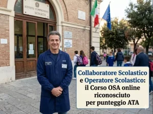 Collaboratore scolastico davanti ad una scuola. In primo piano la scritta: "Collaboartore scolastico e Operatore scolastico: il corso OSA online riconosciuto per punteggio ATA".