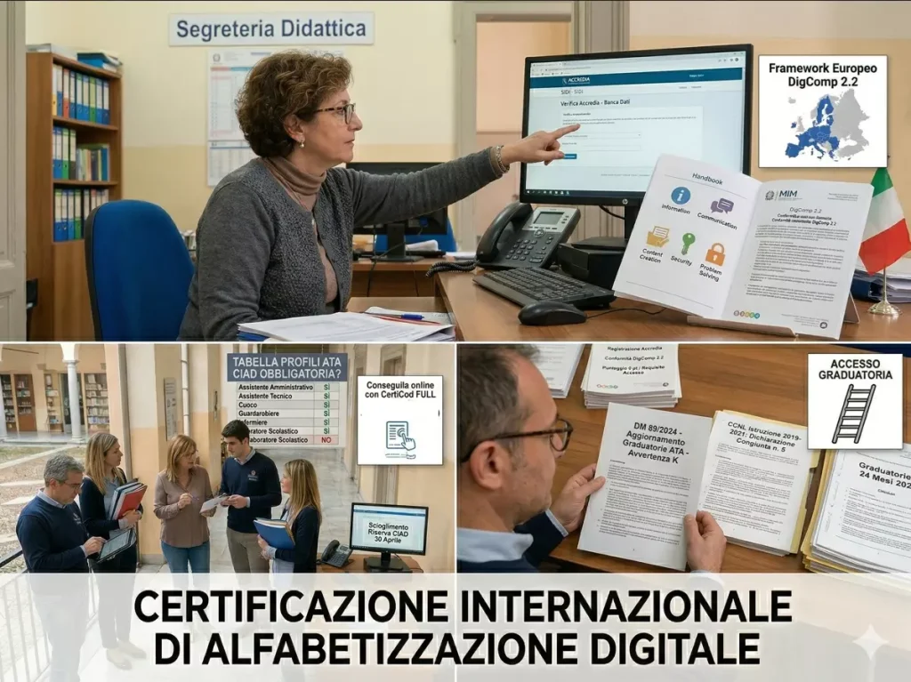 Personale ATA al lavoro. In primo piano la scritta "Certificazione Internazionale di Alfabetizzazione Digitale"