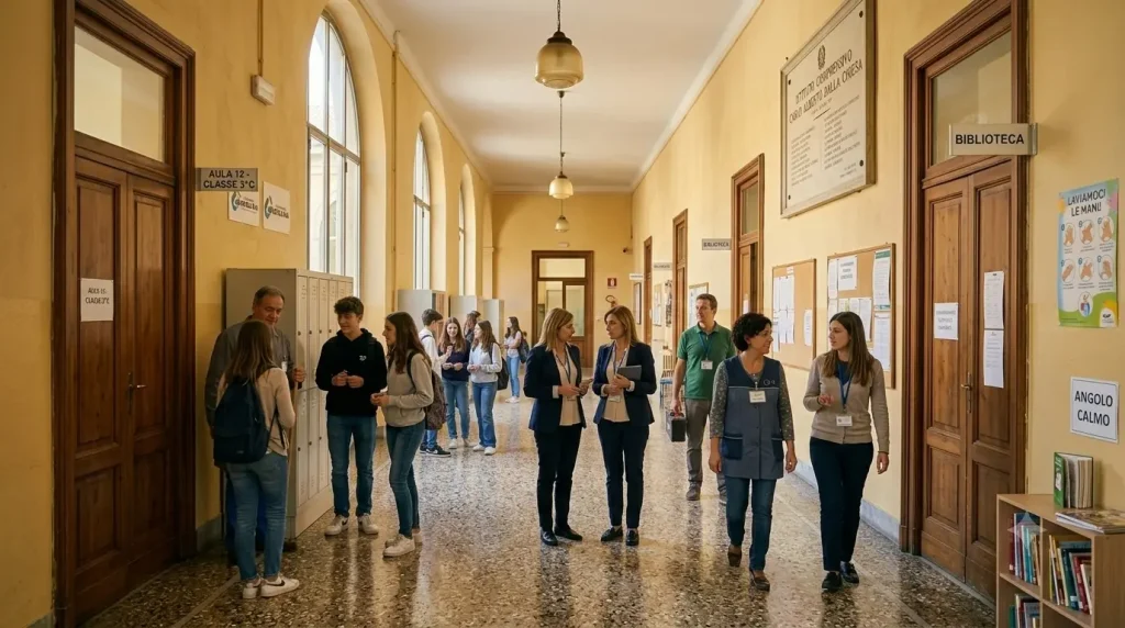 Novità sui titoli d'accesso graduatorie ATA: ATA, docenti e studenti in un corridoio scolastico