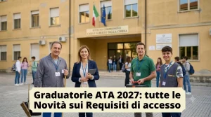 Novità sui titoli d'accesso graduatorie ATA: alcune figure ATA davanti un edificio scolastico. In primo piano la scritta "Graduatorie ATA 2027: tutte le Novità sui Requisiti di accesso"