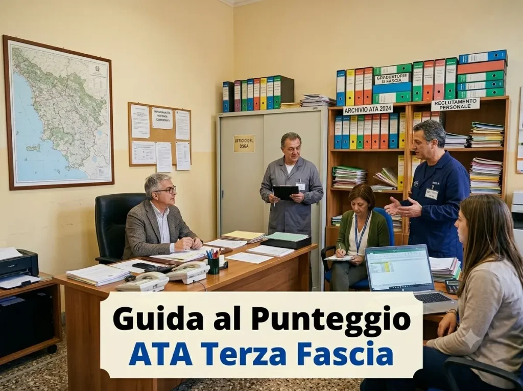 Personale ATA nell'ufficio del DSGA. In primo piano la scritta "Guida al Punteggio ATA Terza Fascia"