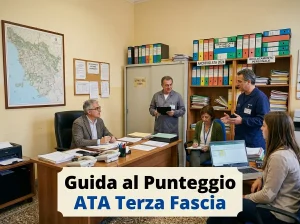 Personale ATA nell'ufficio del DSGA. In primo piano la scritta "Guida al Punteggio ATA Terza Fascia"