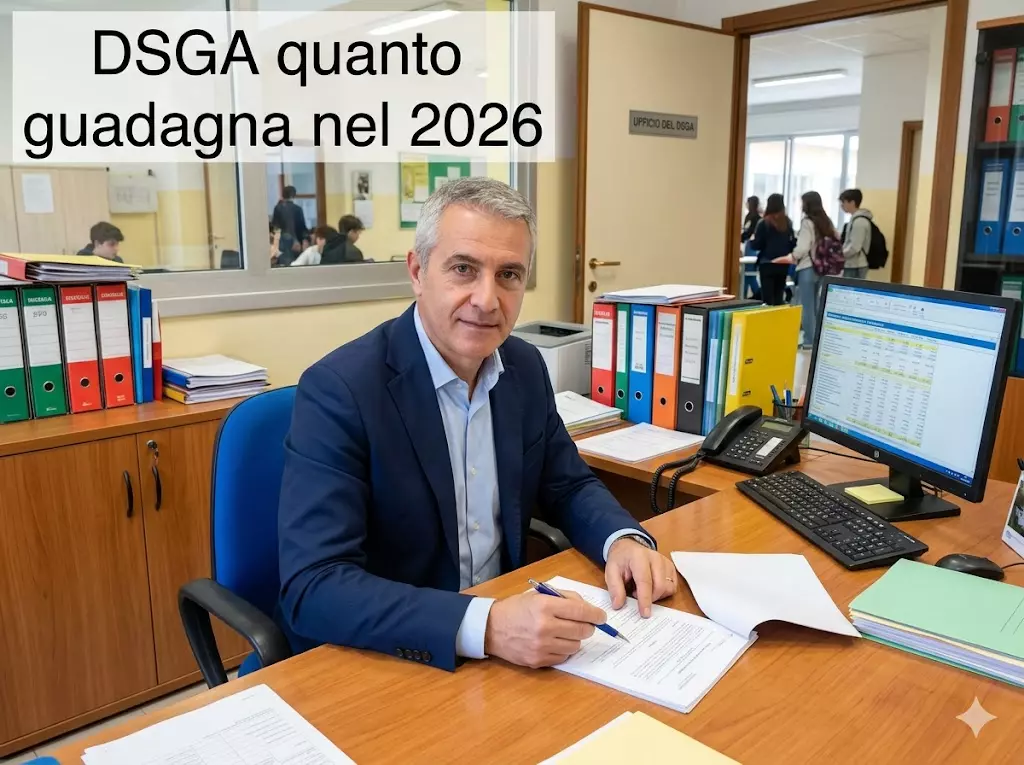 crea immagine in formato 4:3 di un direttore dei servizi generali a scuola e scrivi DSGA quanto guadagna nel 2026