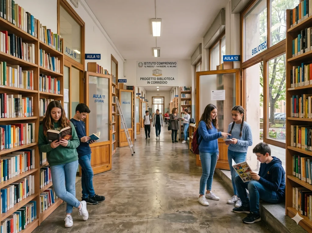 Graduatorie ATA terza fascia: corridoio scolastico con scaffali di libri ai lati e alunni