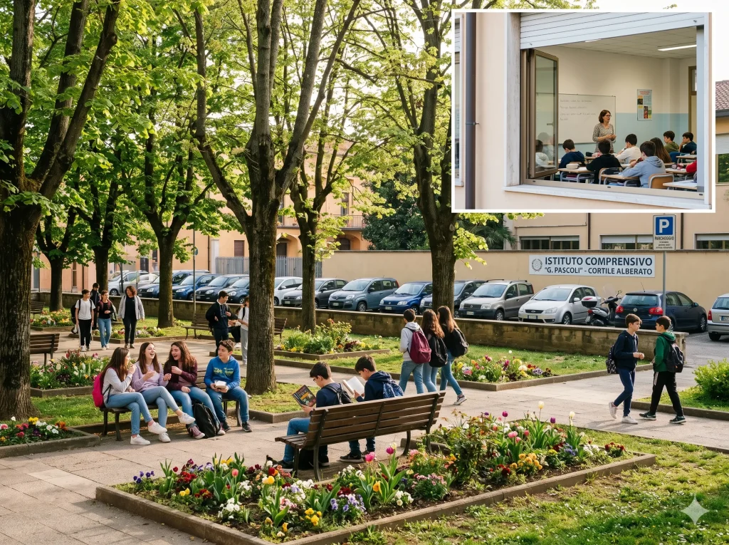 Graduatorie ATA terza fascia: cortile scolastico alberato con studenti sulle panchine. In riquadro: una classe durante la lezione vista dalla finestra.