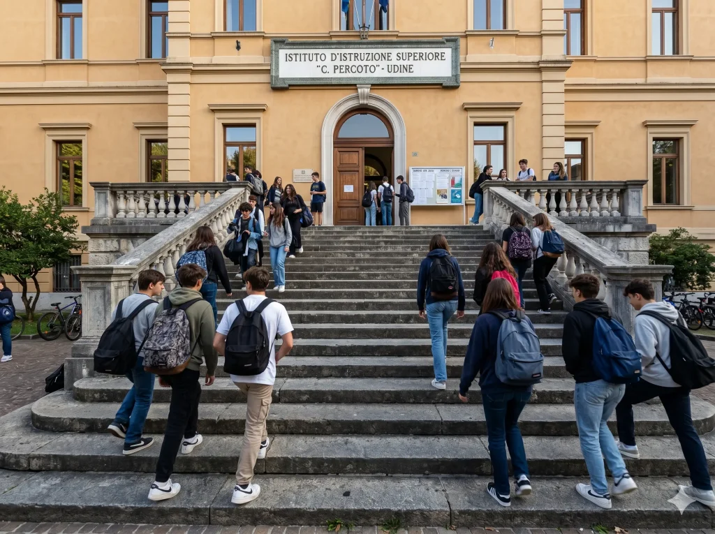 Graduatorie ATA terza fascia: alunni sulla scalinata davanti all'ingresso di una scuola