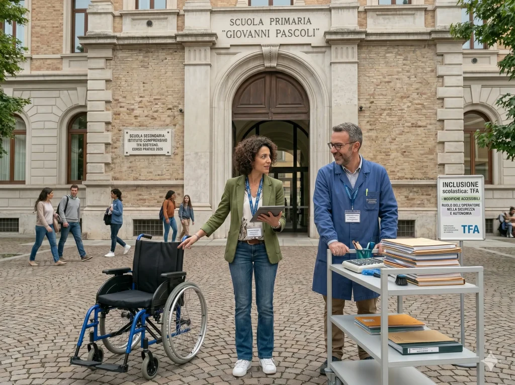 Un Operatore scolastico e un Collaboratore scolastico davanti ad una scuola