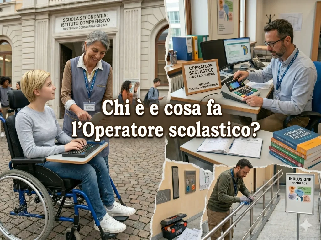 Immagine divisa in tre parti, con 2 Operatori scolastici e 1 bidello a lavoro. In primo piano la scritta "Chi è e cosa fa l'Operatore scolastico?"