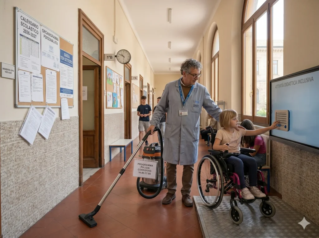 Operatore scolastico con una bambina disabile nel corridoio di una scuola