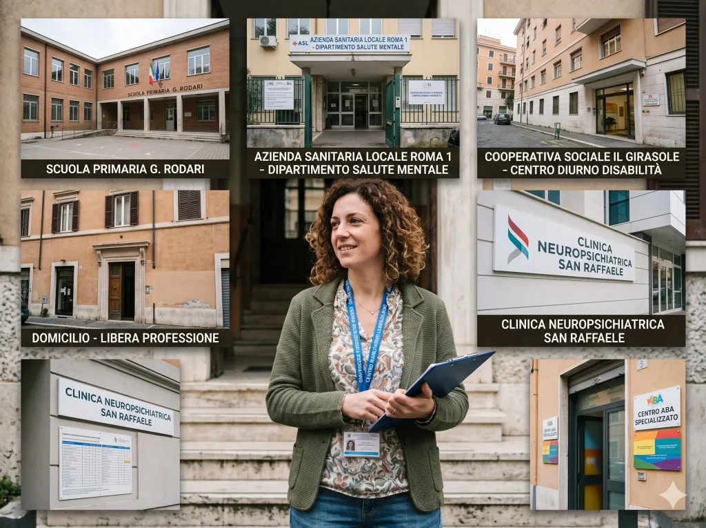 Un tecnico ABA in primo piano: alle sue spalle i vari contesti in cui può operare