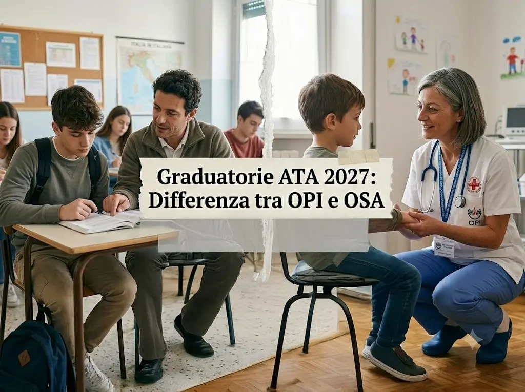 Immagine divisa in due: un OPI e un OSA al lavoro. In primo piano la scritta "Graduatorie ATA 2027: Differenza tra OPI e OSA"
