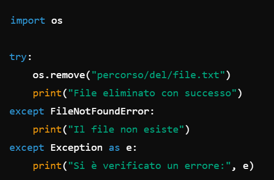Il modulo os offre la funzione os.remove() per eliminare un file. Questo metodo è diretto e funziona bene per operazioni semplici.