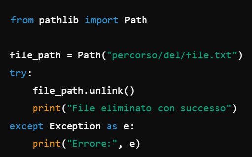 Il modulo pathlib offre un approccio orientato agli oggetti per gestire i file. Il metodo Path.unlink() consente di eliminare un file in modo simile a os.remove(), ma con una sintassi più moderna e leggibile.