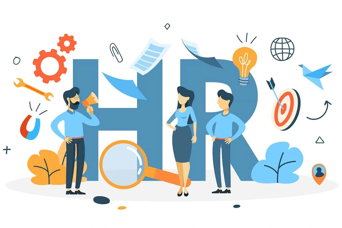 Disegno stilizzato dove sullo sfondo compaiono le lettere giganti HR e in primo piano degli addetti alle risorse umane che parlano tra di loro