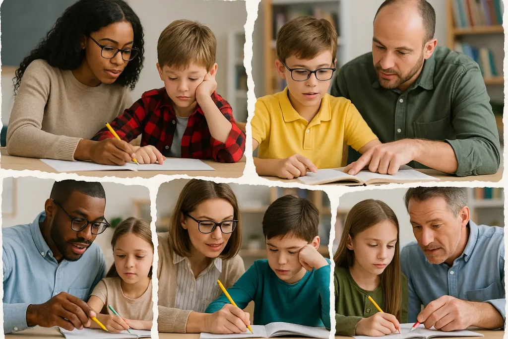 foto divisa in 5 parti con docenti alle prese con alunni DSA