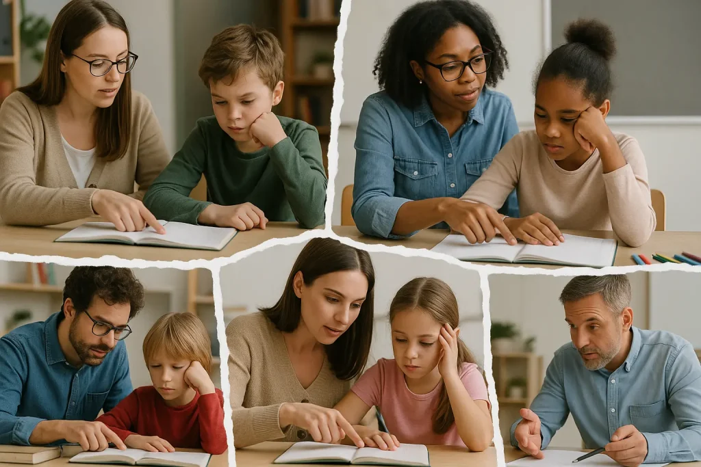 foto divisa in 5 parti con docenti alle prese con alunni DSA