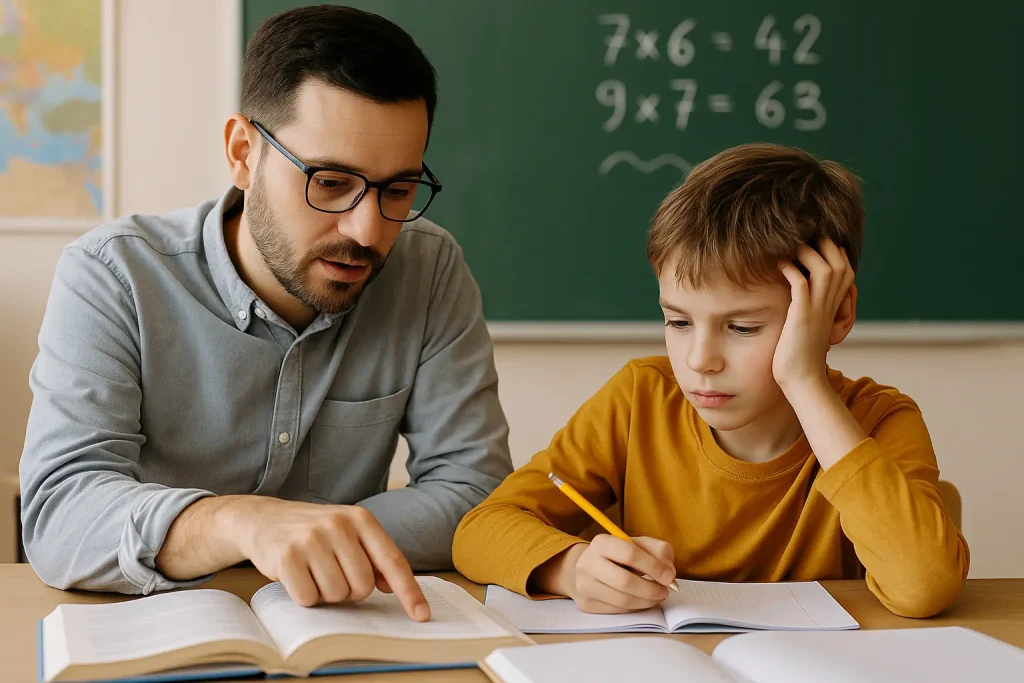 docente aiuta alunno con DSA