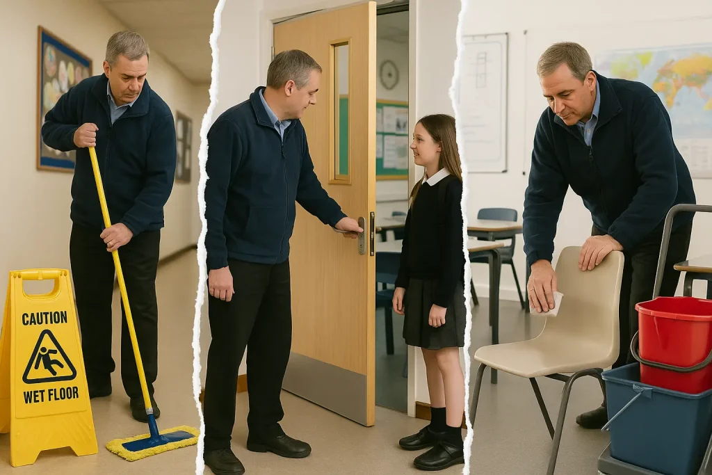 foto divisa in 3 parti che mostra un collaboratore scolastico al lavoro 