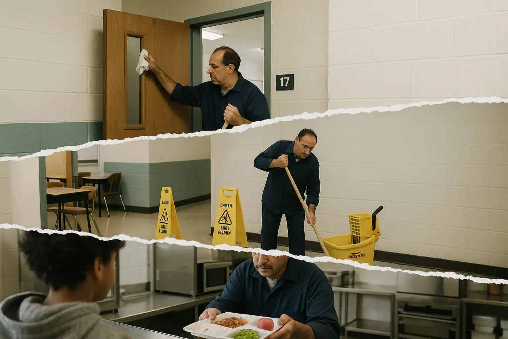 foto divisa in 3 parti che mostra un collaboratore scolastico al lavoro 